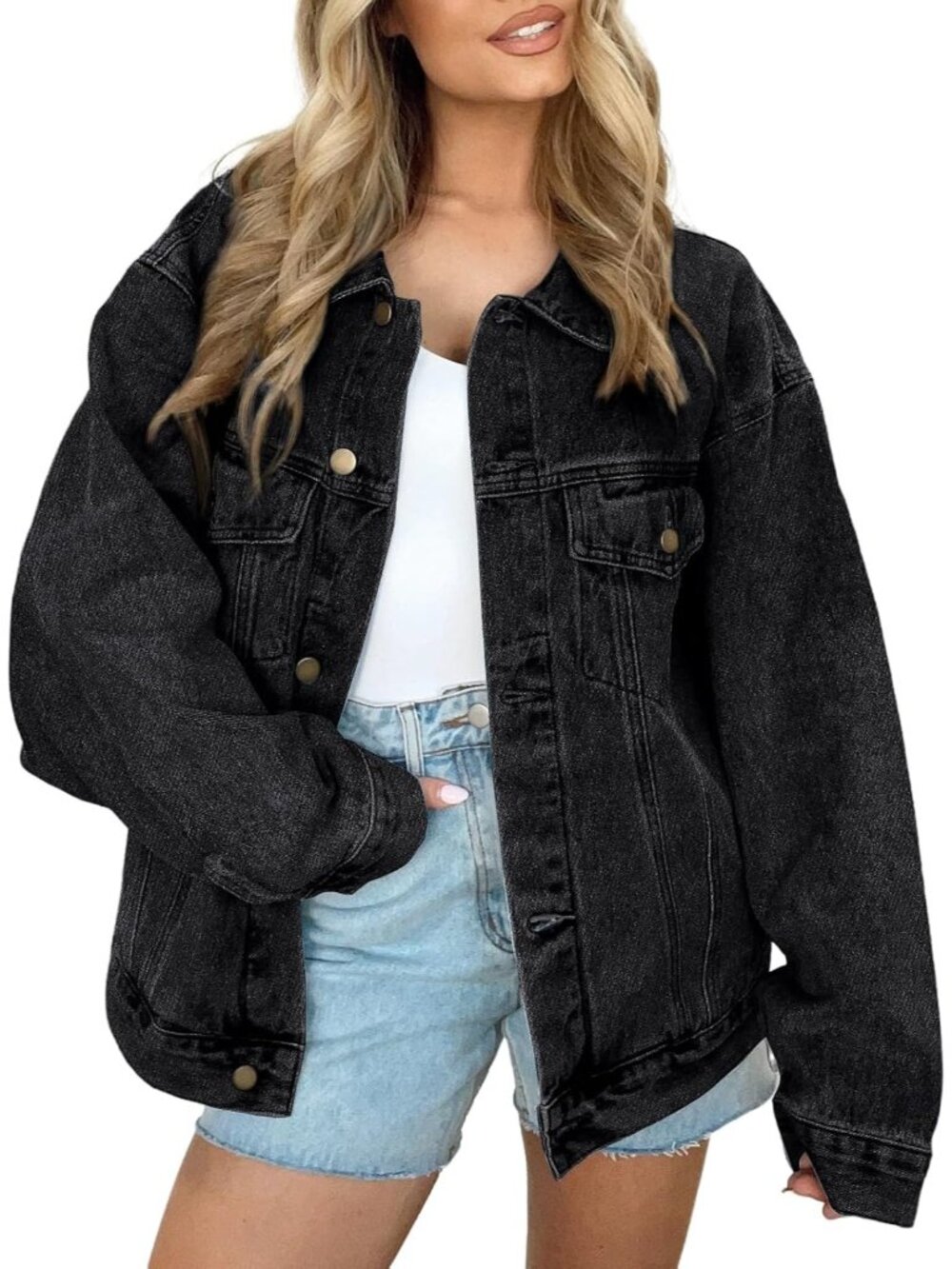 〽️Women's Black Vintage Oversized Denim Jean Coat Button Down Casual Jacket